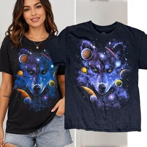 DOM T Shirt Celestial Wolf Graphic Space Galaxy Black Medium